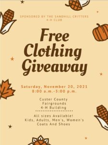 Free Clothing Giveaway November 20 Hosted by Sandhill Critters 4-H Club
