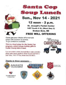 Santa Cop Soup Lunch 2021 on Sunday, November 14—Free-Will Donation, To-Go Available