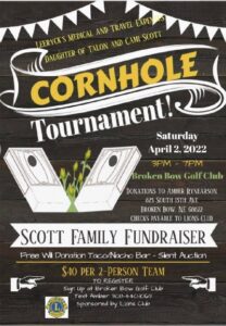 Cornhole Tournament Fundraiser for Scott Family April 2 in Broken Bow