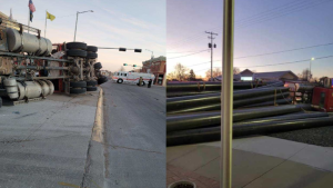 Trailer With Pipes Tips Over Closing Street For Hours Tuesday Morning