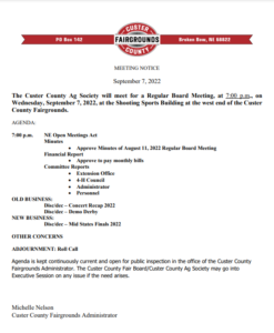 Ag Society's September Meeting Agenda