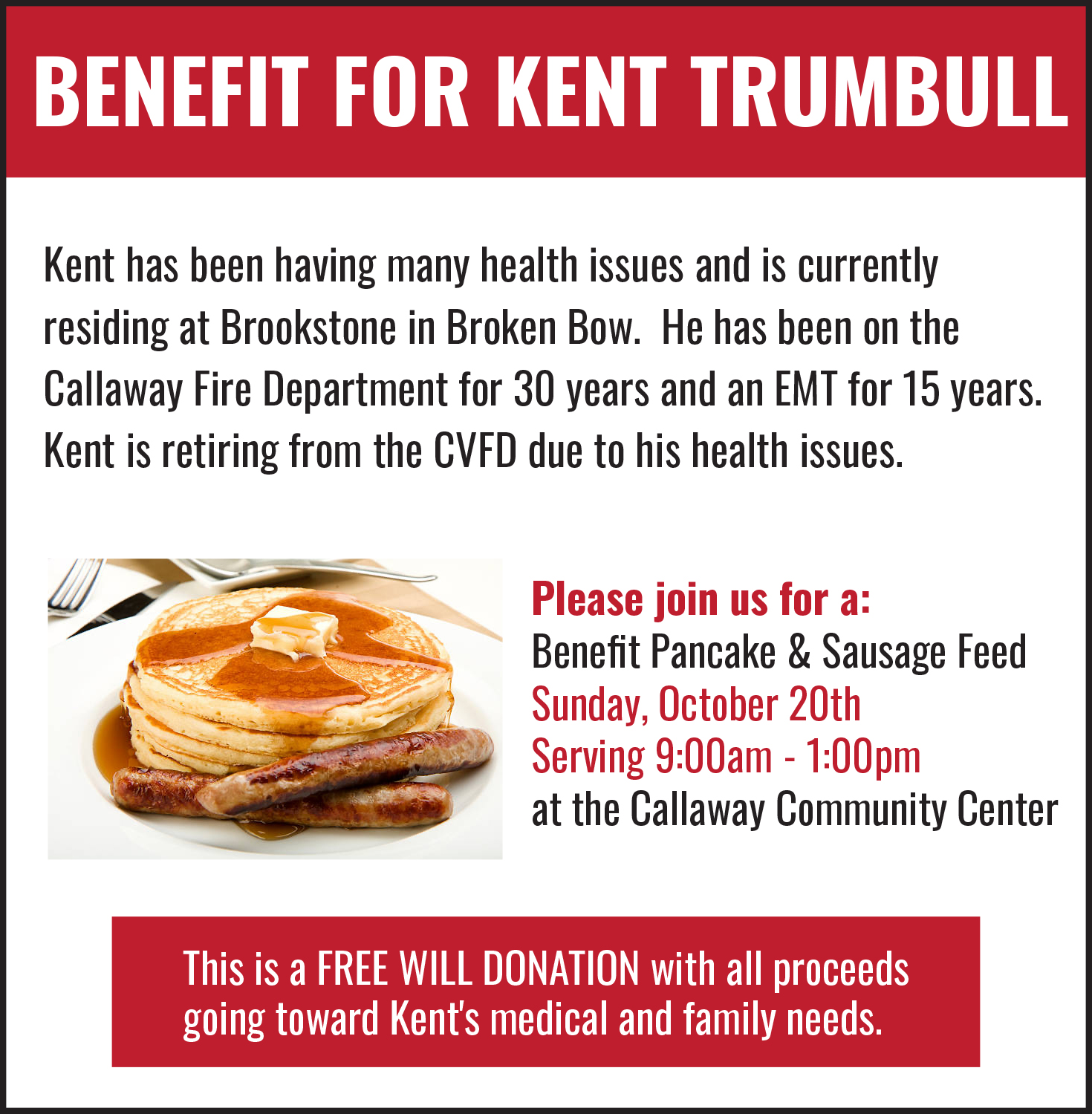 Pancake benefit in Callaway on Sunday for Kent Trumbull Sandhills Express