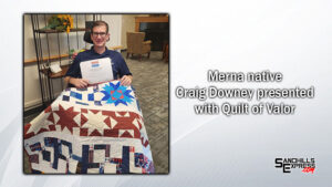 Quilt of Valor presented to Craig Downey with audience near and far